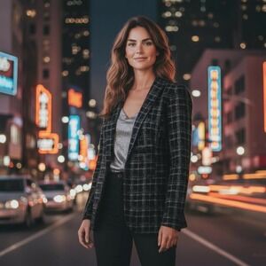 Black Silver Metallic Plaid Blazer Stretch XS Office Party Festive Holiday Glam